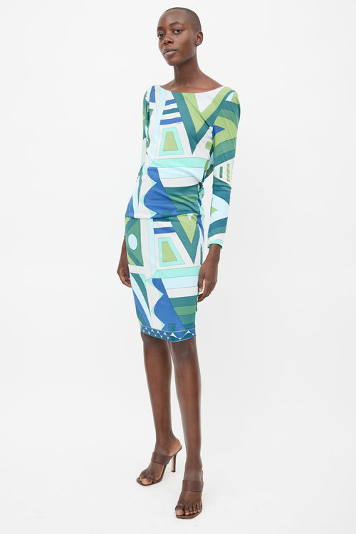 Emilio Pucci Green 
Blue Abstract Print Dress