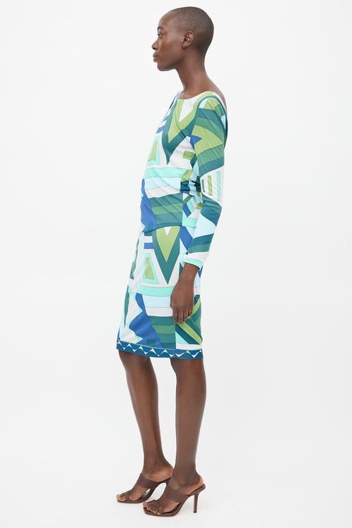 Emilio Pucci Green 
Blue Abstract Print Dress