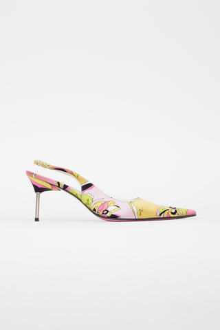 Emilio Pucci Pink 
Yellow Satin Pattern Slingback Heel