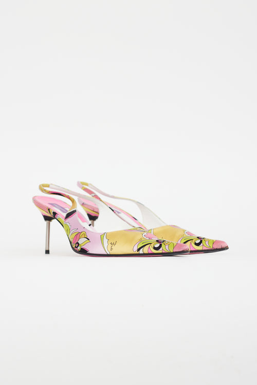 Emilio Pucci Pink 
Yellow Satin Pattern Slingback Heel