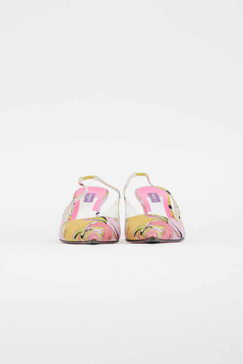 Emilio Pucci Pink 
Yellow Satin Pattern Slingback Heel