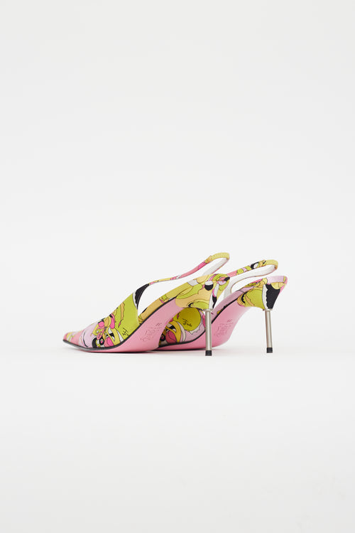 Emilio Pucci Pink 
Yellow Satin Pattern Slingback Heel