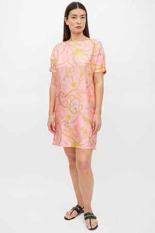 Emilio Pucci Pink 
Yellow Silk Chain Pattern Dress