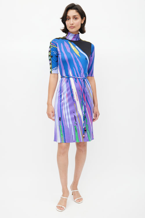 Emilio Pucci Purple 
Multicolour Abstract Belted Silk Dress