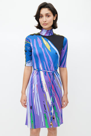 Emilio Pucci Purple 
Multicolour Abstract Belted Silk Dress