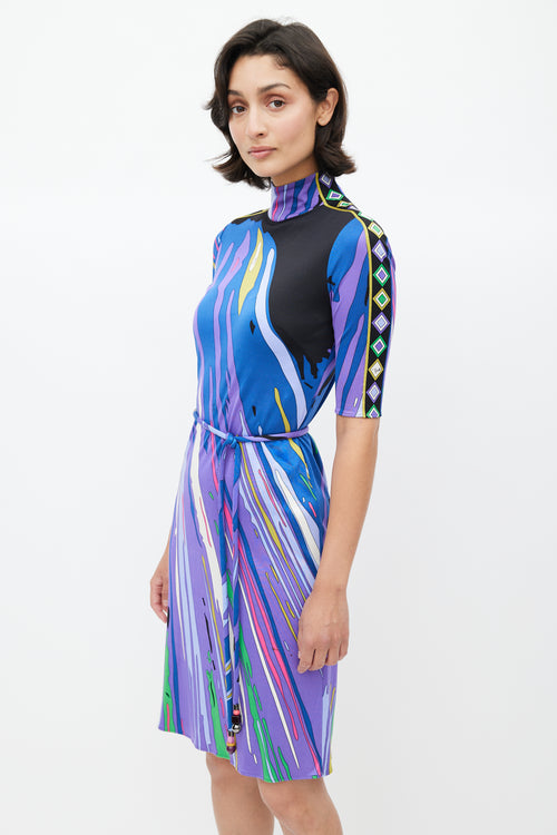 Emilio Pucci Purple 
Multicolour Abstract Belted Silk Dress