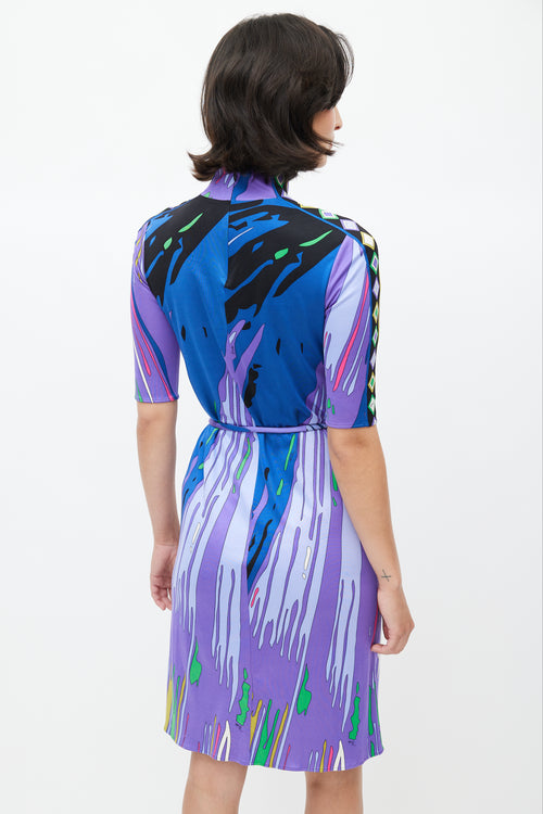 Emilio Pucci Purple 
Multicolour Abstract Belted Silk Dress