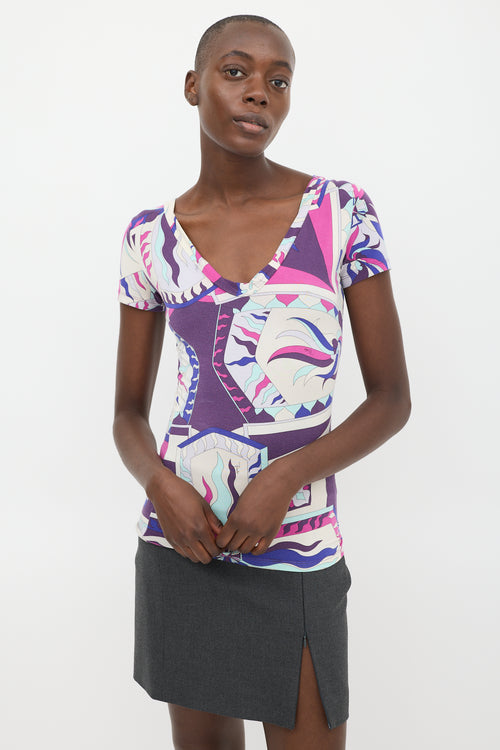 Emilio Pucci Purple 
Multicolour Printed V-Neck T-Shirt