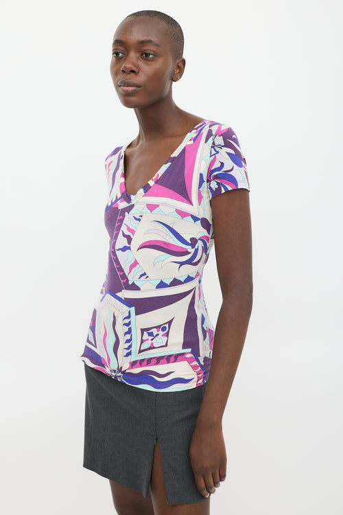 Emilio Pucci Purple 
Multicolour Printed V-Neck T-Shirt