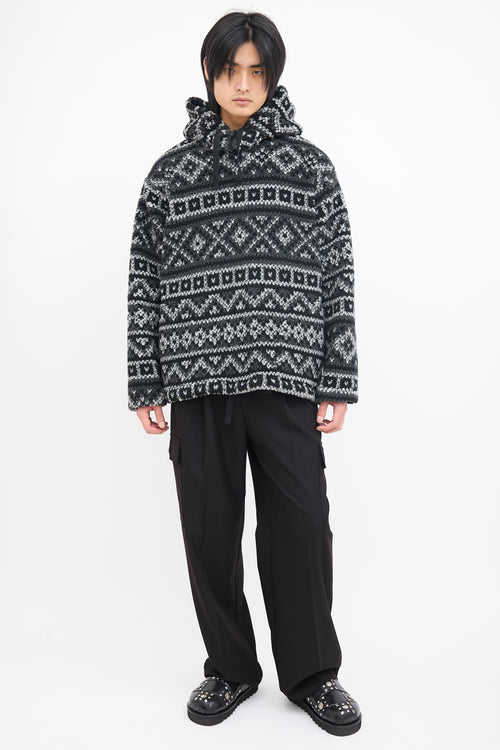 Engineered Garments Black 
White Geo Printed Fleece Hoodie