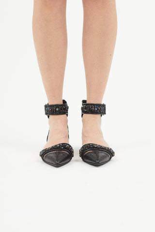 Erdem x Nicholas Kirkwood Black Leather 
Crystal Flat