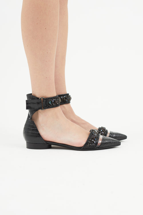 Erdem x Nicholas Kirkwood Black Leather 
Crystal Flat