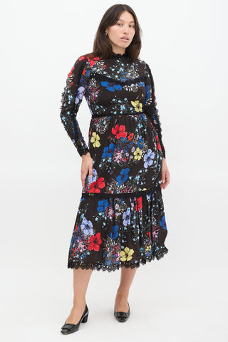 Erdem Black 
Multicolour Silk Floral Georgie Tier Dress