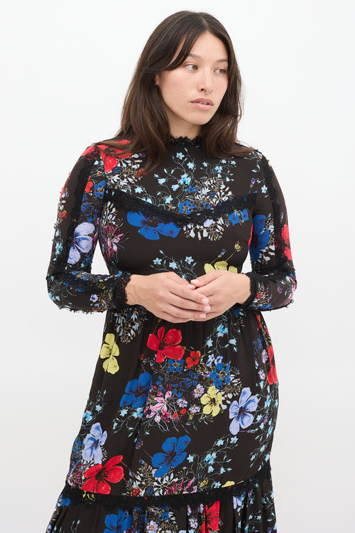 Erdem Black 
Multicolour Silk Floral Georgie Tier Dress