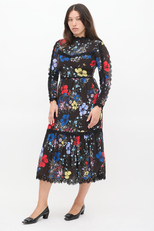 Erdem Black 
Multicolour Silk Floral Georgie Tier Dress