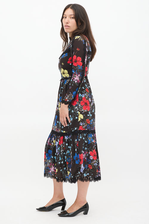 Erdem Black 
Multicolour Silk Floral Georgie Tier Dress