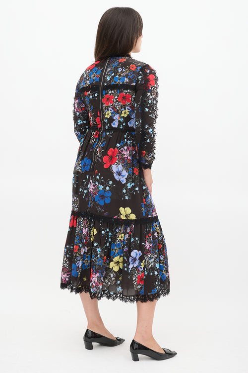 Erdem Black 
Multicolour Silk Floral Georgie Tier Dress