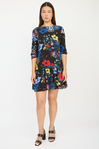 Erdem Black 
Multicolour Silk Floral Ruffled Dress