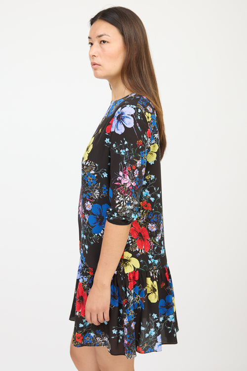 Erdem Black 
Multicolour Silk Floral Ruffled Dress