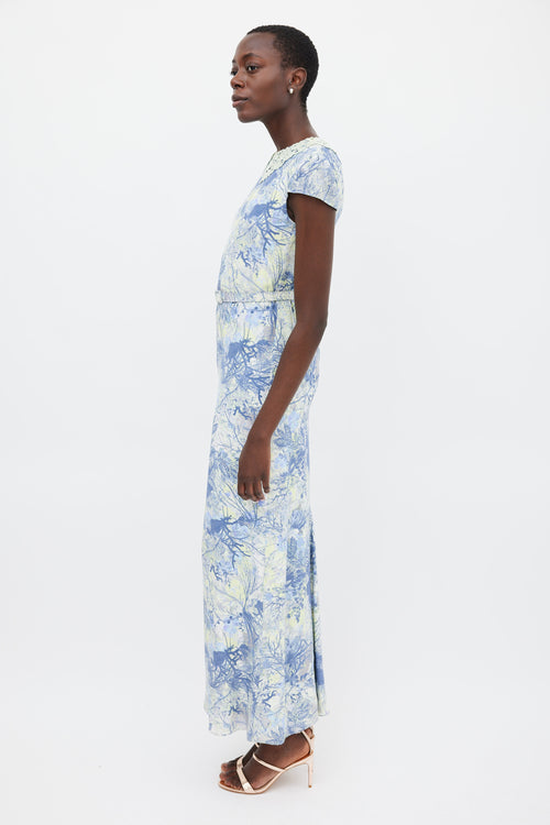 Erdem Blue 
Green Silk Printed Belted Dress