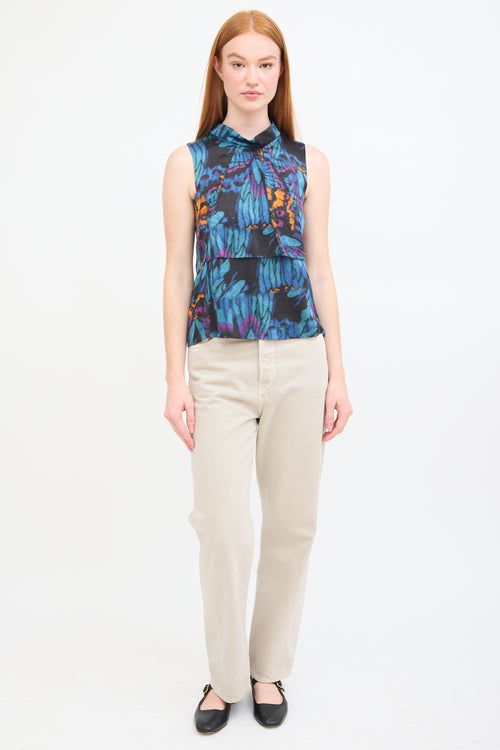 Erdem Blue 
Multi Silk Printed Panelled Top