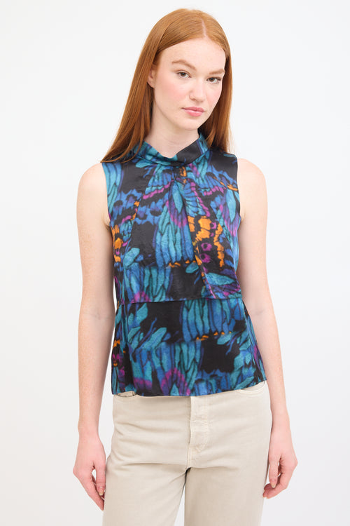 Erdem Blue 
Multi Silk Printed Panelled Top