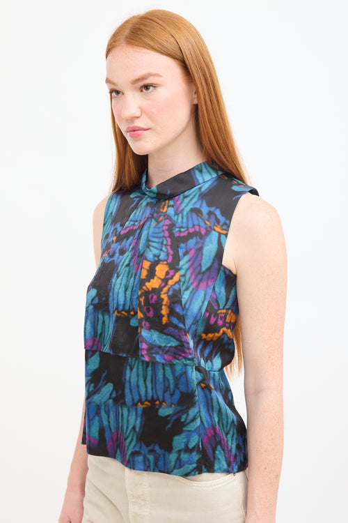 Erdem Blue 
Multi Silk Printed Panelled Top