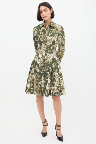 Erdem Green 
White Cotton Floral Liana A-Line Dress