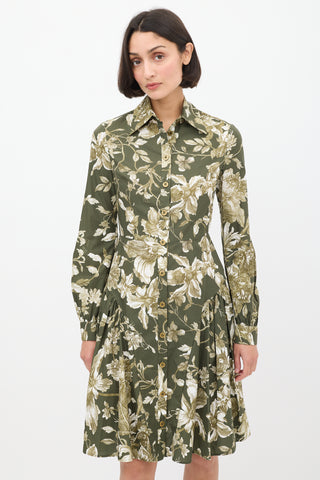 Erdem Green 
White Cotton Floral Liana A-Line Dress