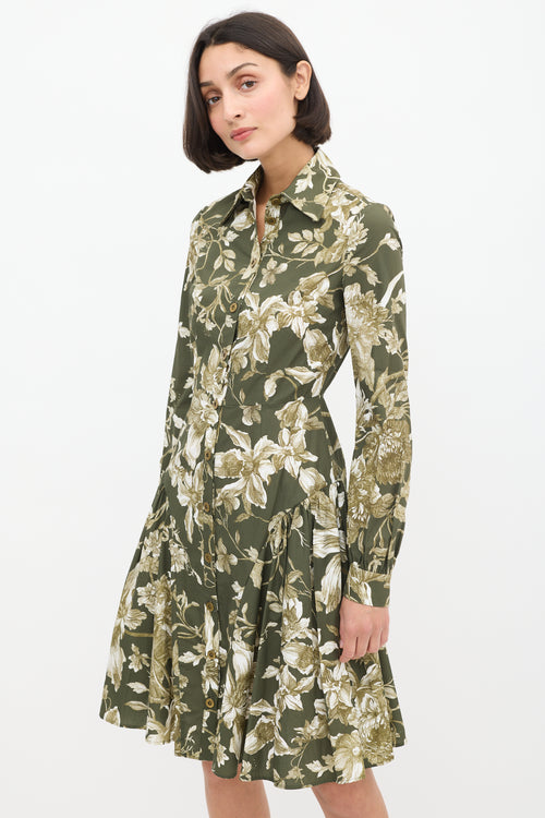 Erdem Green 
White Cotton Floral Liana A-Line Dress