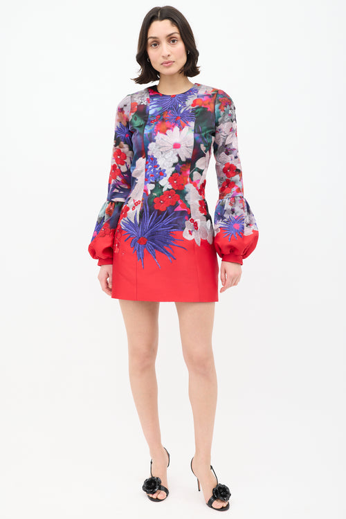 Erdem Purple 
Red Silk Embroidered Floral Dress