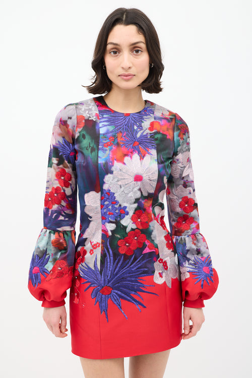 Erdem Purple 
Red Silk Embroidered Floral Dress