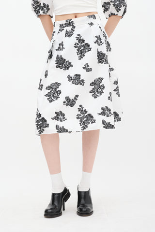 Erdem White 
Black Reed Floral A-Line Midi Skirt