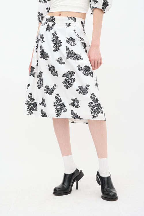 Erdem White 
Black Reed Floral A-Line Midi Skirt