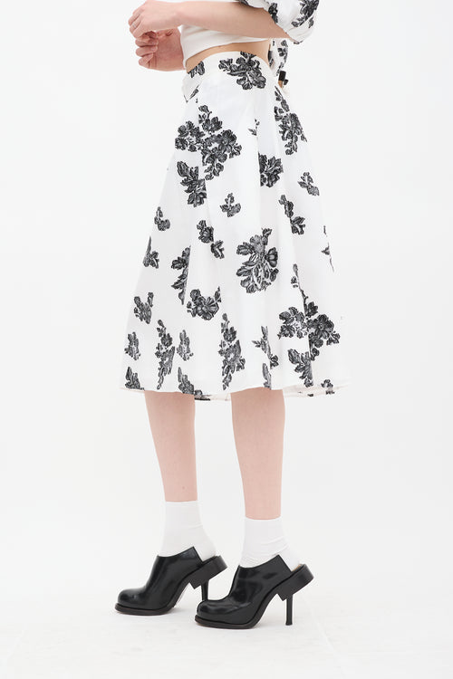 Erdem White 
Black Reed Floral A-Line Midi Skirt