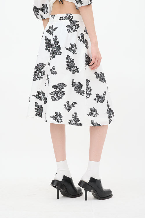 Erdem White 
Black Reed Floral A-Line Midi Skirt