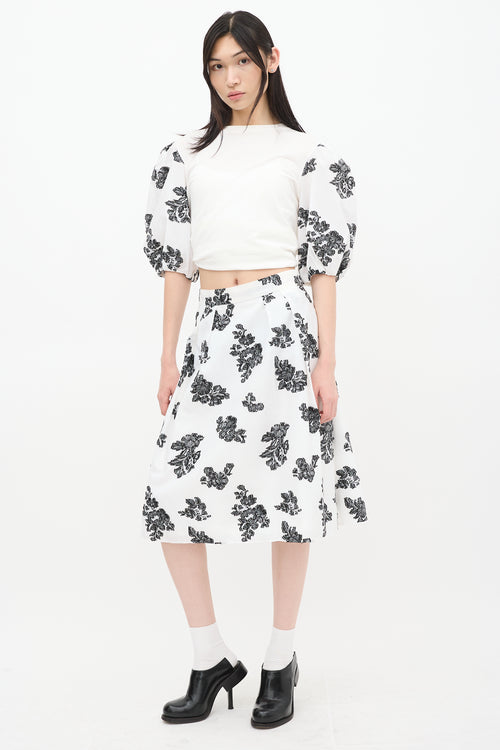 Erdem White 
Black Reed Floral A-Line Midi Skirt