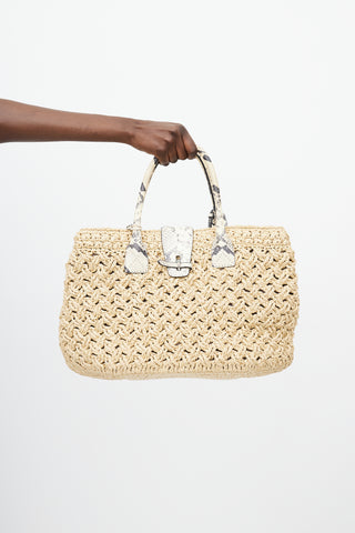 Ermanno Scervino Beige Raffia 
Embossed Leather Tote Bag