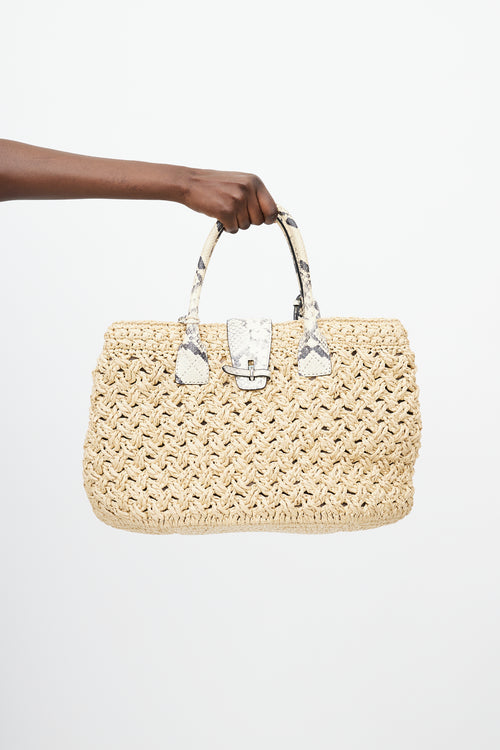 Ermanno Scervino Beige Raffia 
Embossed Leather Tote Bag