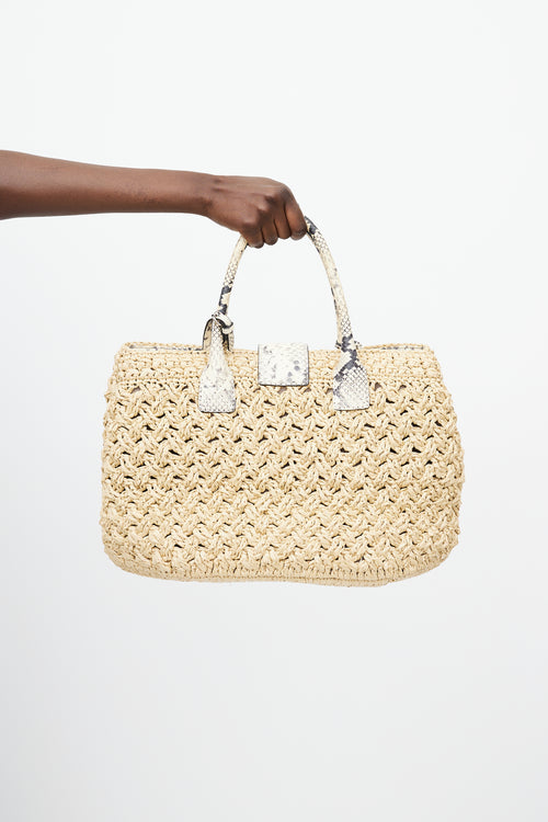 Ermanno Scervino Beige Raffia 
Embossed Leather Tote Bag