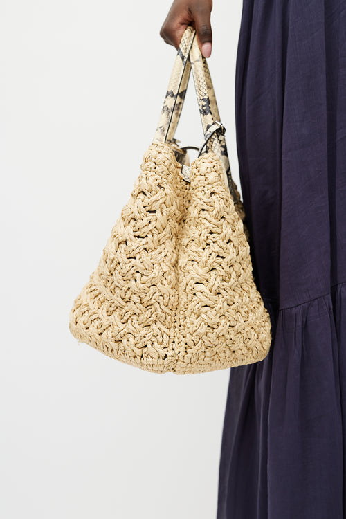 Ermanno Scervino Beige Raffia 
Embossed Leather Tote Bag