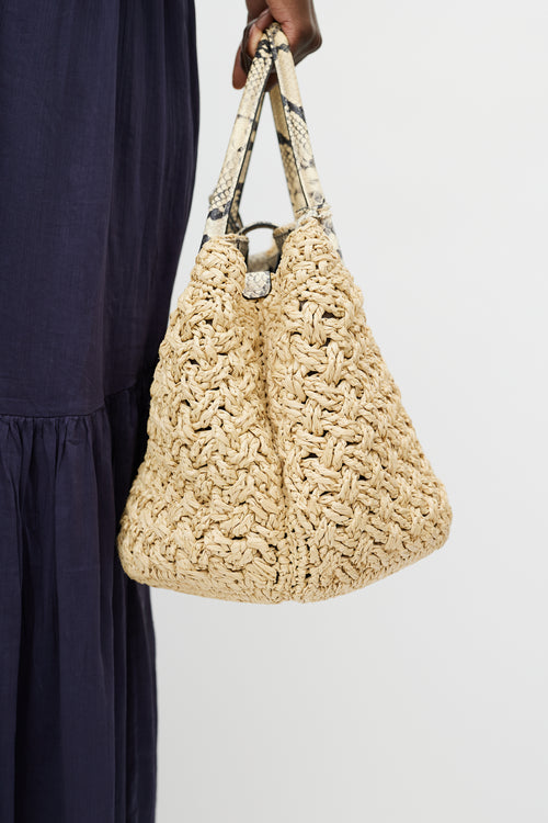 Ermanno Scervino Beige Raffia 
Embossed Leather Tote Bag