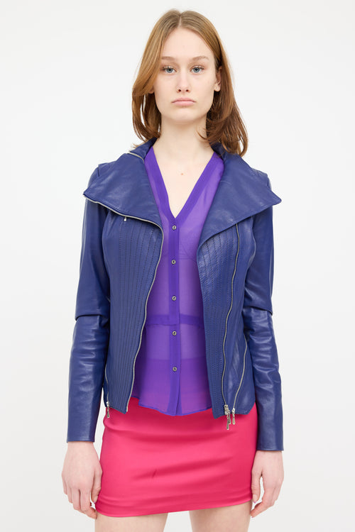 Escada Blue Leather Embroidered Jacket