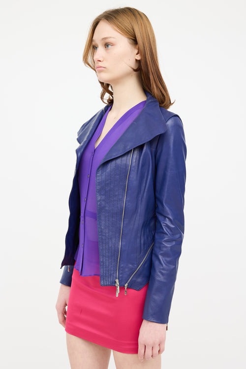 Escada Blue Leather Embroidered Jacket