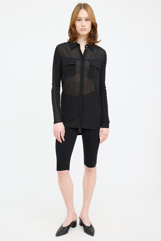 Escada Black Sport Sheer Button Up Pocket Top