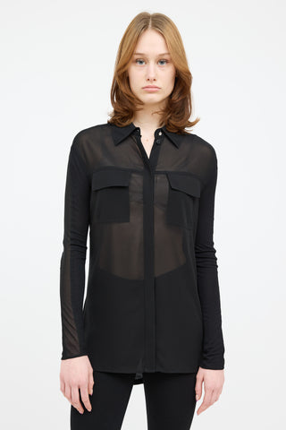 Escada Black Sport Sheer Button Up Pocket Top