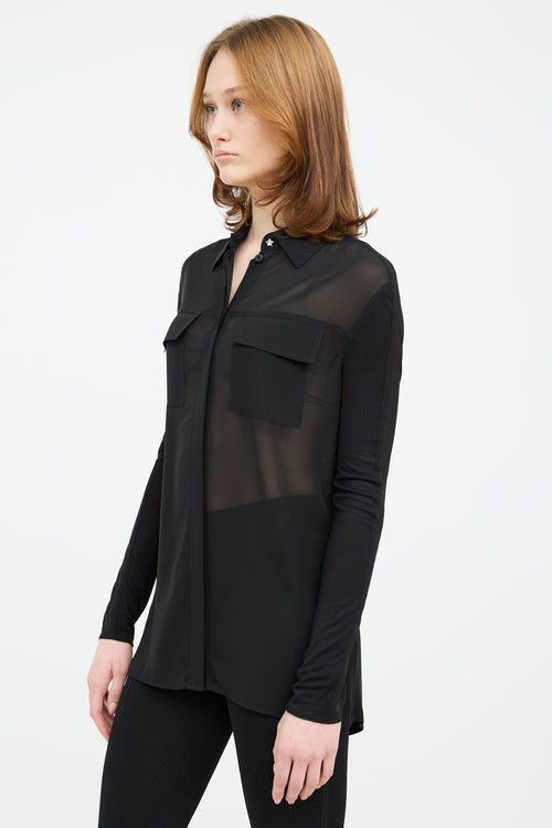 Escada Black Sport Sheer Button Up Pocket Top