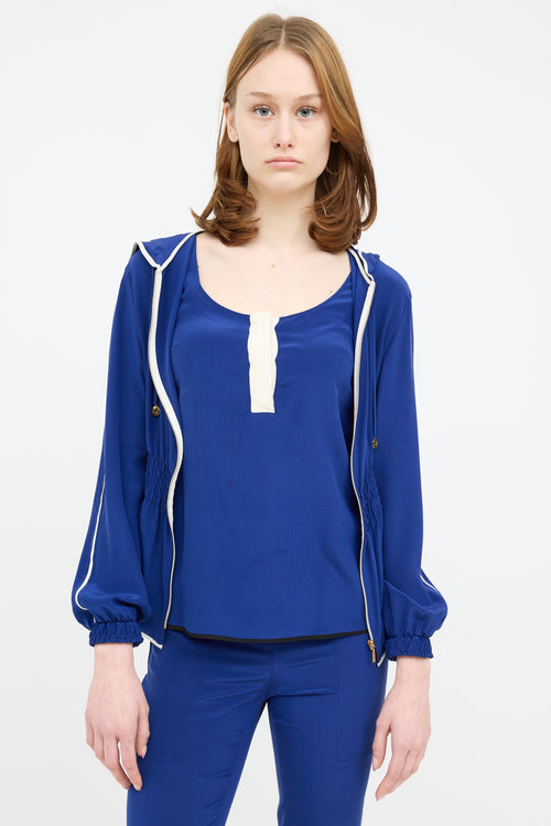 Escada Blue 
White Zip Silk Hood Top