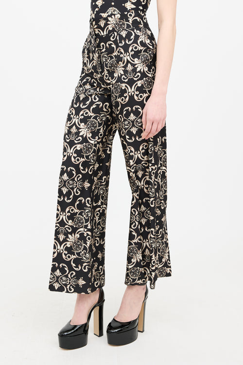 Escada Cream 
Black Silk Pleated Wide Leg Trouser