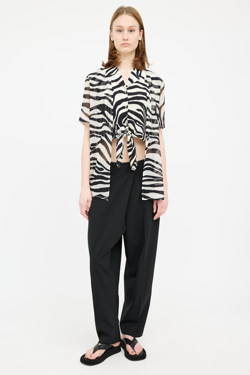 Escada Black 
White Silk Sheer Layered Tie Blouse